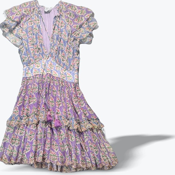 HEMANT & NANDITA Dresses & Skirts - Hemant and Nandita Mini Dress Purple Floral Metallic Ruffle XS Bohemian Tassel